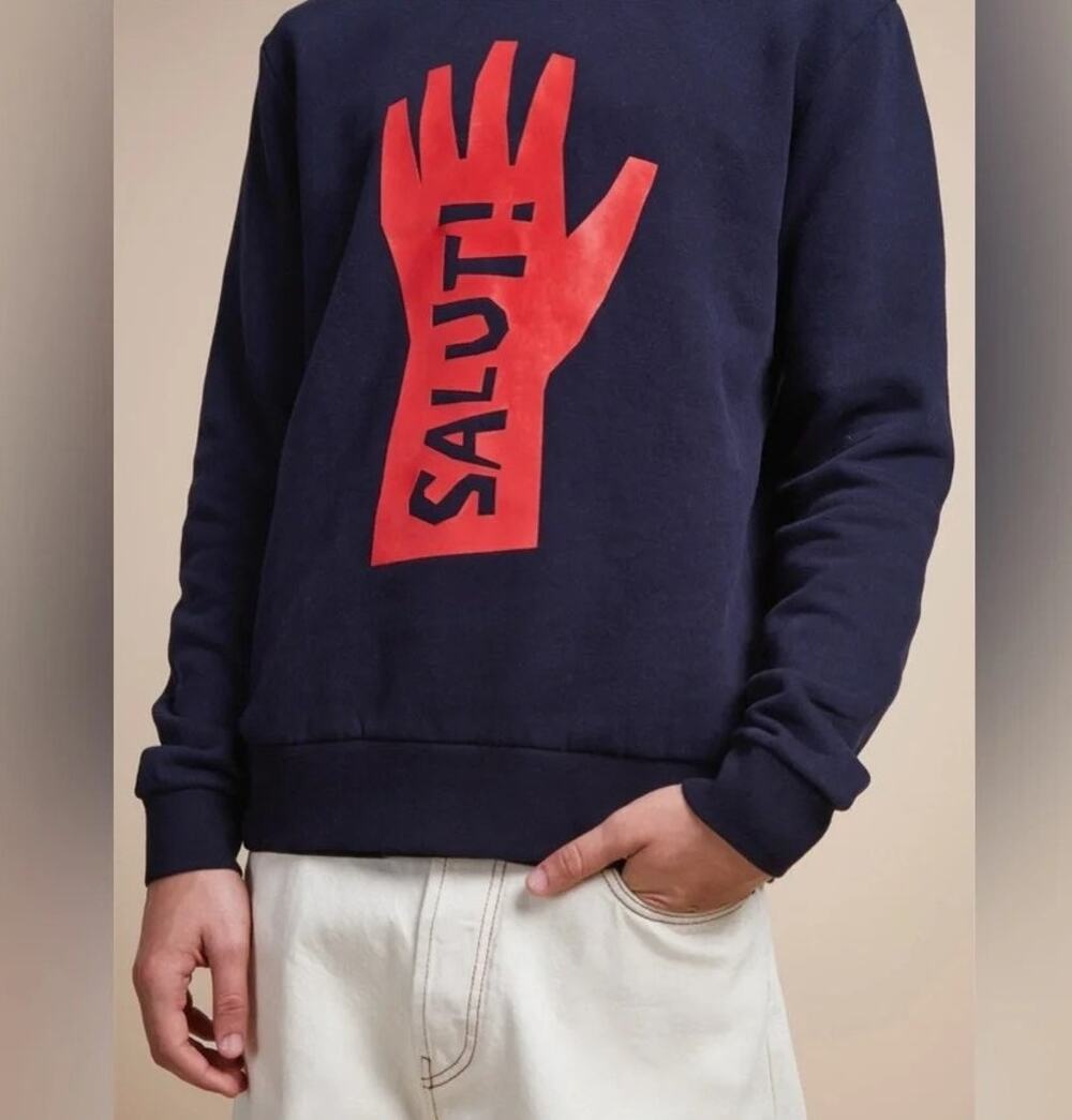 French Connection Mens Salut! Graphic CrewNeck Sweatshirt XL Blue Streetwear